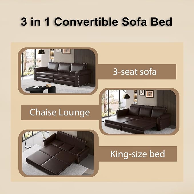 93.7" King Pull Out Sofa Bed, Faux Leather Sleeper Sofa Couch, 3 in 1 Convertible Futon Couches for Living Room, Small Space, Apartment, Office, Bedroom, Modern Rivet Armrest, Dark Brown