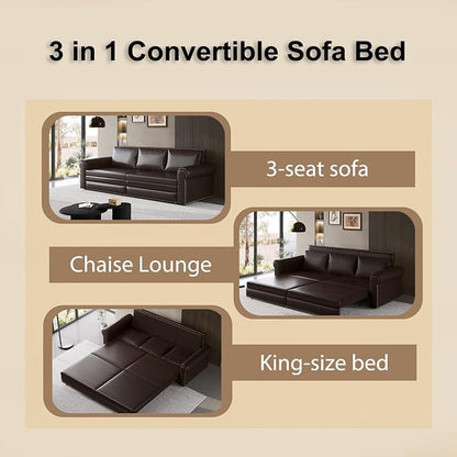 93.7" King Pull Out Sofa Bed, Faux Leather Sleeper Sofa Couch, 3 in 1 Convertible Futon Couches for Living Room, Small Space, Apartment, Office, Bedroom, Modern Rivet Armrest, Dark Brown