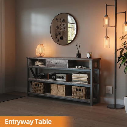 Mexin 47 Inch Console Sofa Table with Drawer, Industrial Entryway Table with Storage Shelves, Storage Organizer for Hallway Living Room Couch Foyer Kitchen Counter, Grey Oak