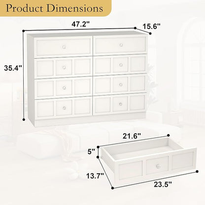 8 Drawer Dresser for Bedroom: 47" Fluted White Dresser Deep Drawers, Modern Chest of Drawers for Bedroom, Fluted Wood Dressers for Living Room, Hallway