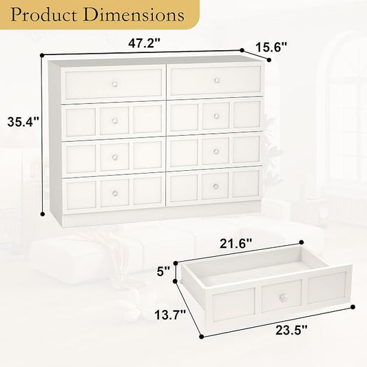 8 Drawer Dresser for Bedroom: 47" Fluted White Dresser Deep Drawers, Modern Chest of Drawers for Bedroom, Fluted Wood Dressers for Living Room, Hallway