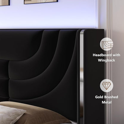 HITHOS King Upholstered LED Bed Frame with 2 Storage Drawers, Velvet Platform Bed with Wingback Headboard, Solid Wooden Slats Support, No Box Spring Needed, Headboard Splicing Design