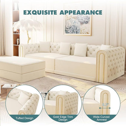 90.6'' Velvet Folding Floor Sofa Bed - 3-in-1 Convertible Sleeper Couch with Ottoman, Button Tufted Gold Edge Trim Chesterfield Sofa, Pull-Out King Size Couch Bed for Apartments, Living Room, Beige | 3-in-1 Convertible