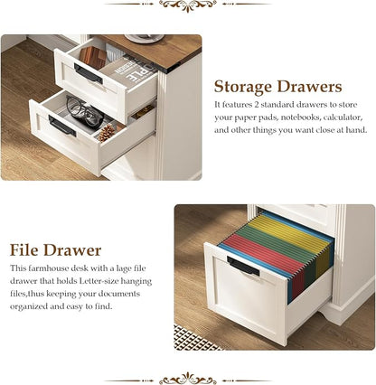 Vabches 55" Farmhouse Executive Desk with 3 Drawers, Wooden Computer Desk Home Office Desk with File Drawer (Fits A4 Size) for Work and Study, White Brown