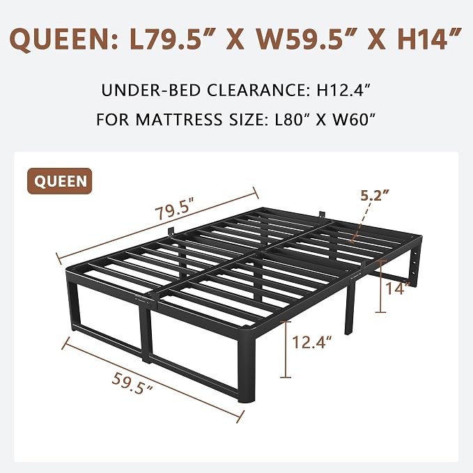 ZTH Queen Size Metal Platform Bed Frame 14 in, No Box Spring Needed, Black | Heavy duty support, Underbed storage, Noise-free design, Anti-slip clips, Rounded legs, Easy assembly, Headboard compatible