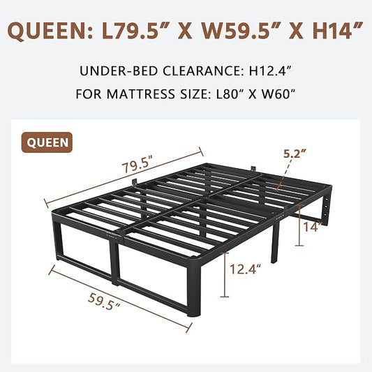 ZTH Queen Size Metal Platform Bed Frame 14 in, No Box Spring Needed, Black | Heavy duty support, Underbed storage, Noise-free design, Anti-slip clips, Rounded legs, Easy assembly, Headboard compatible