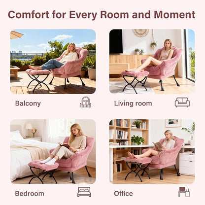 Lazy Chair with Ottoman, Modern Accent Chair Contemporary Sofa Chair with Armrests, Reading Chair and Folding Footstool Set for Living Room, Bedroom, Office