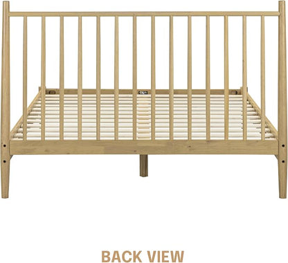NTC Inno Wooden Bed Frame with Headboard, Solid Oak and Rubber Wood Foundation with Silent Slats and Wood Central Supports, 1000 Lb Capacity, Effortless Assembly, Queen - Sand