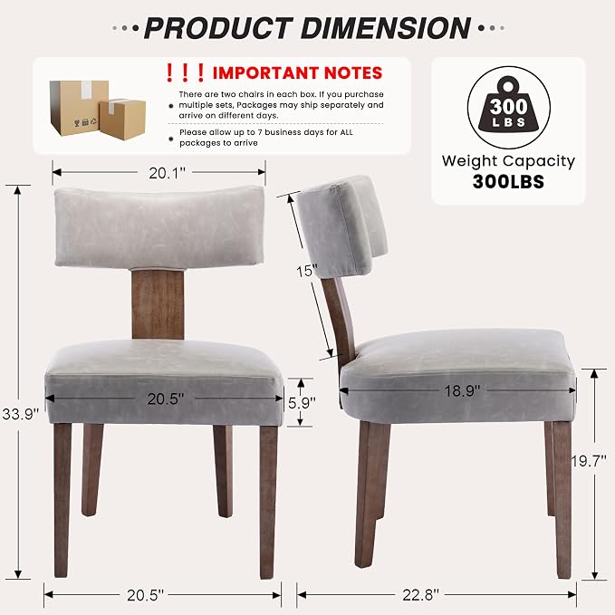 HNY Mid Century Modern Dining Chairs Set of 4, Farmhouse PU Leather Upholstered Accent Chair Curved Backrest Kitchen Chairs, with Hardwood Frame, Grey