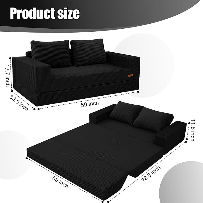 COMAX Futon Sofa Bed, Convertible Sofa Bed, Folding Boneless Couches | Boneless Couch for living room, 4‑in‑1 Fold Out Small Foldable Loveseat Floor Sleeper Mattress Lounge Space‑Saving