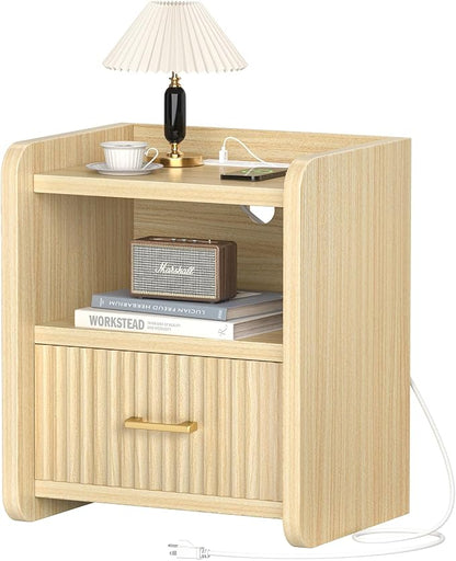 Night Stand with Charger Station - Modern Wood Nightstand with Drawer Storage, Fluted Wide Nightstands Bedside Table, Mid Century Night Stands for Bedroom Home Office Sofa, Natural