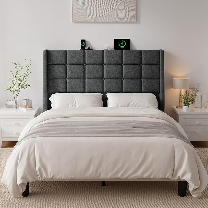 Ergonomic Upholstered Headboard Full Size w/Charging Station, Linen Wingback Headboards w/Storage Pocket, Full Headboard Only, Bed Frame Adapters, Sturdy Stable Solid Wood Bed Head Board, Dark Grey
