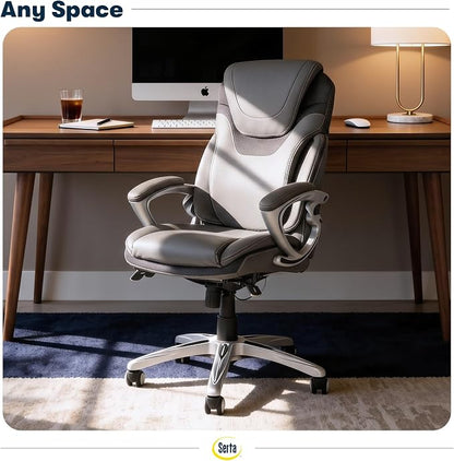 Serta Bryce Executive Office Chair - Ergonomic Computer Desk Chair with Patented AIR Lumbar Technology - Adjustable Height - Memory Foam Body Pillows - 360° Swivel Rolling Base - Bonded Leather - Gray