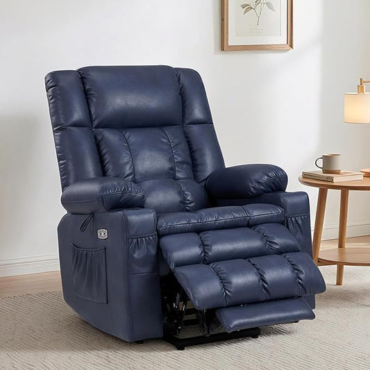 MCombo Dual Motor Power Lift Recliner Chair for Elderly, Lay Flat Lift Chair with Heat and Massage, Cup Holders, USB Ports, Faux Leather 7890 (Blue, Medium)