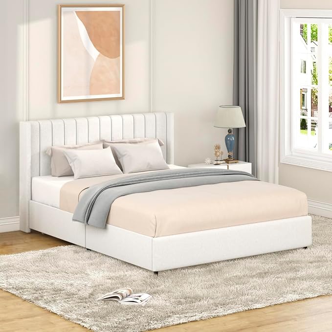 Ball & Cast Queen Size Bed Frame,Boucle Upholstered Platform Bed with 4 Drawers & Channel Tufted Headboard,Wooden Slats Support,No Box Spring Needed,Easy Assembly,Ivory