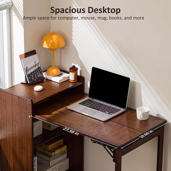 Bamboo Folding Desk for Small Spaces with Storage, Foldable Mid Century Modern Drop Leaf Desk, Vintage Fold Out Hideaway Small Desks for Bedroom or Home Office, Brown