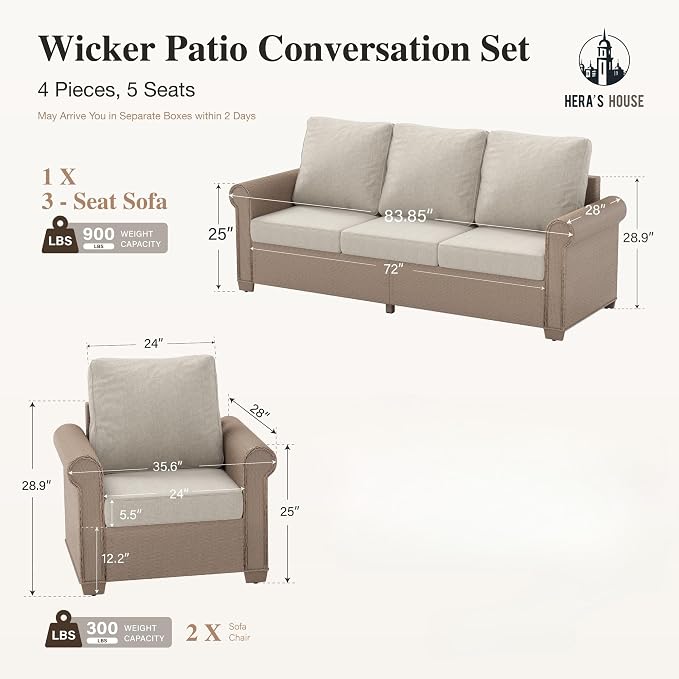 HERA'S HOUSE Patio Furniture Set, 4 x Cushioned Chairs, 3-Seat Sofa with Wood Grain Coffee Table, 5 Seats Luxury Windsor Style All Weahter Outdoor Sofa Conversation Set for Deck Lawn Backyard