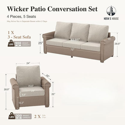 HERA'S HOUSE Patio Furniture Set, 4 x Cushioned Chairs, 3-Seat Sofa with Wood Grain Coffee Table, 5 Seats Luxury Windsor Style All Weahter Outdoor Sofa Conversation Set for Deck Lawn Backyard