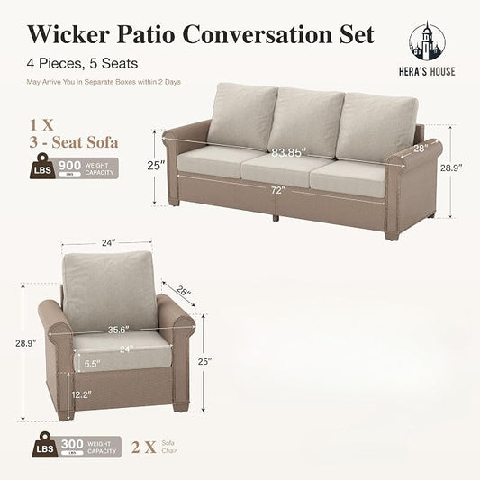HERA'S HOUSE Patio Furniture Set, 4 x Cushioned Chairs, 3-Seat Sofa with Wood Grain Coffee Table, 5 Seats Luxury Windsor Style All Weahter Outdoor Sofa Conversation Set for Deck Lawn Backyard