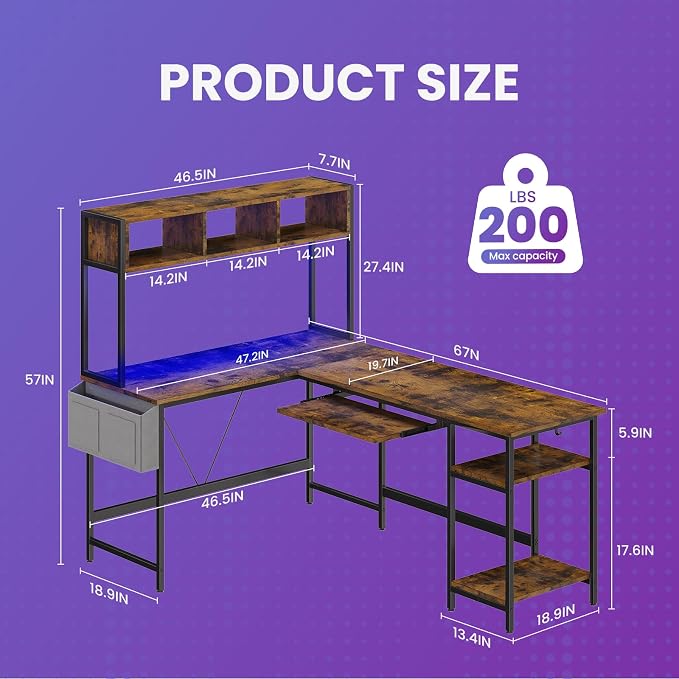 DUMOS 67" L Shaped Gaming Desk, Reversible Computer Desks with LED Lighting, Corner Desk for Compact Spaces with Keyboard Tray & Storage Shelf, Metal Frame PC Gaming Table for Home Office,Rustic Brown