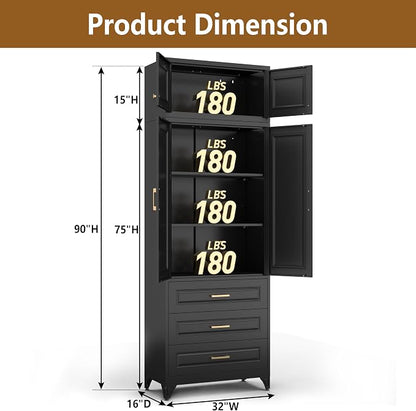 Polup Kitchen Pantry Cabinet, 90" Tall Cabinet with Three Drawers, Metal Food Pantry Cabinet and Shelves, Freestanding Cupboards for Dining, Living Room, Black,16" D x 32" W x 90" H, Assembly Required