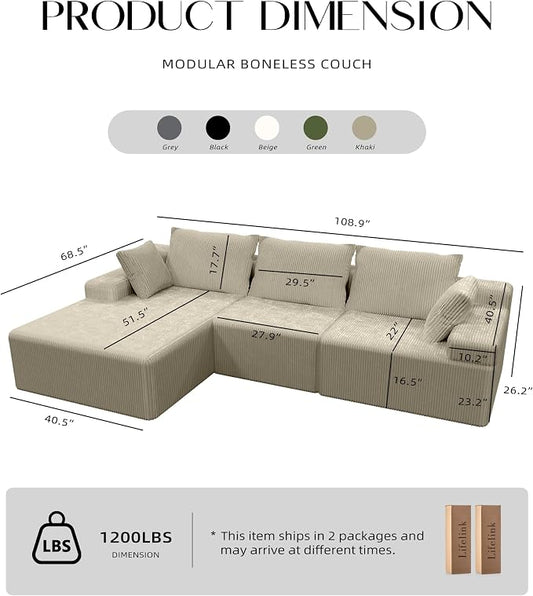 Lifelink 108" Boneless Couch L-Shaped - Modular Sectional Couches for Living Room Cloud Sofa with Deep Seat High Back Oversized Left Facing Chaise No Assembly Required