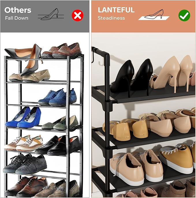 LANTEFUL 5 Tier Shoe Rack for Closet Shoe Organizer with 5 Hooks, Long Shoe Shelf Storage for Shoe and Boot Stackable Free Standing Shoe Rack for Entryway, Garage, Small Spaces, Dorm, Black