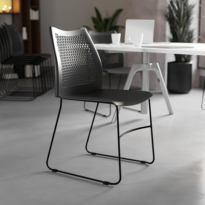 Flash Furniture HERCULES Series 661 lb. Capacity Black Stack Chair with Air-Vent Back and Black Powder Coated Sled Base