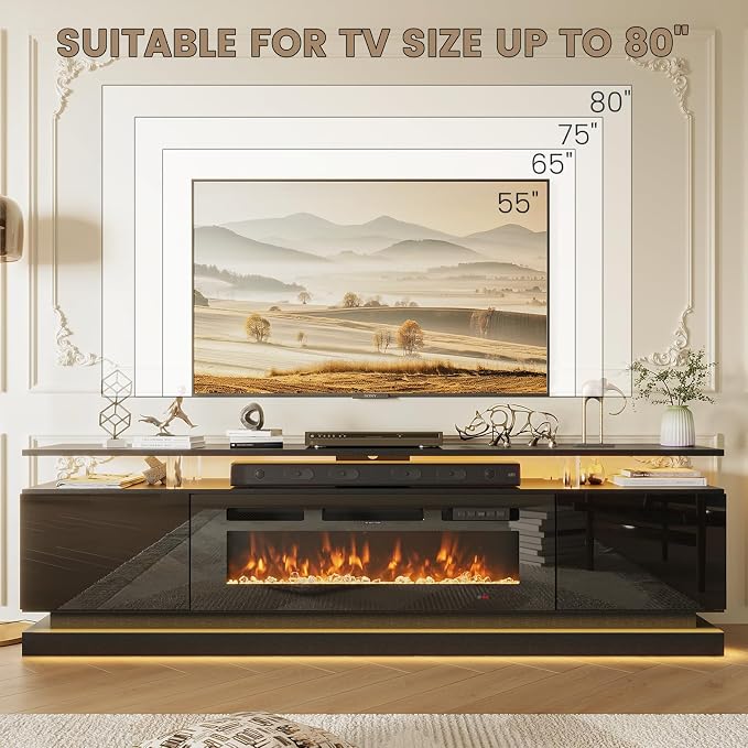 70" Fireplace TV Stand, Modern Entertainment Center for TVs Up to 80", TV Console with Storage Cabinets, Media Console for Living Room, 70IN Glossy Black TV Stand and 36IN Black Fireplace