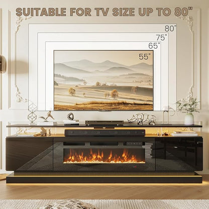 70" Fireplace TV Stand, Modern Entertainment Center for TVs Up to 80", TV Console with Storage Cabinets, Media Console for Living Room, 70IN Glossy Black TV Stand and 36IN Black Fireplace