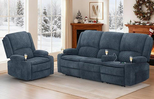 3+1 Manual Recliner Sofa, Maximum Load Capacity 1800lbs & Ergonomics Design, Multi-Functional Middle Seat & Home Theater Seating with Removable Armrest and Storage for RV Living Room (Fabric,Blue)