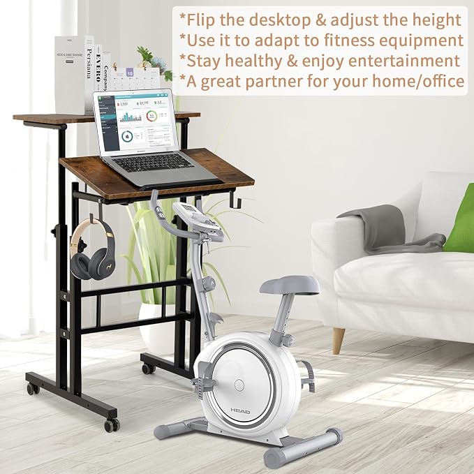 SIDUCAL Mobile Standing Desk, Portable Stand Up Desk, Small Adjustable Converter with Wheels Home Office Workstation, Rolling Laptop Cart for Sitting, Rustic Brown
