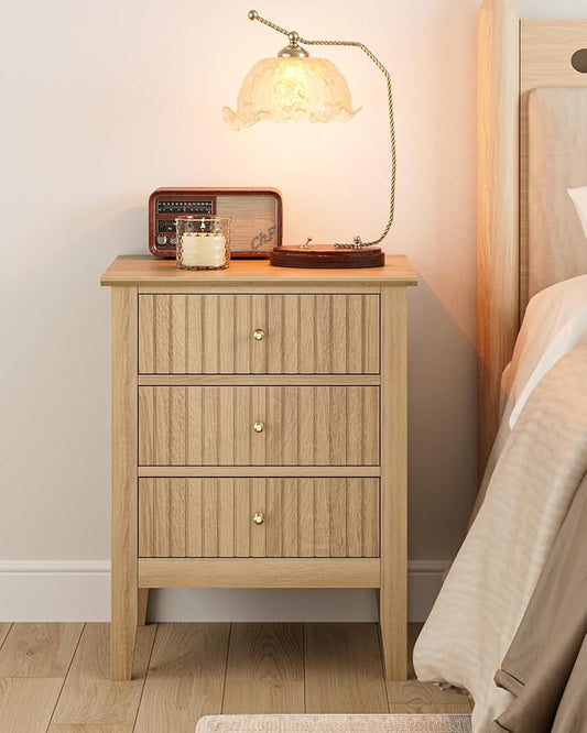 Fluted Nightstand, Vintage Night Stand with 3 Drawers, Mid Century Modern Side Accent Table,Bedside End Table for Bedroom, Living Room, Natural