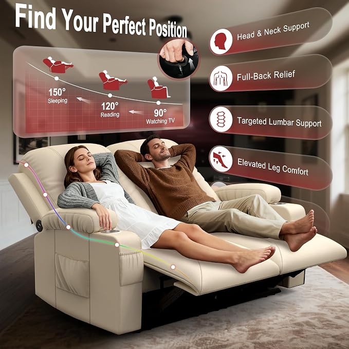 RV Loveseat Recliner Sofa, Reclining Loveseat Wall Hugger Recliners with USB Ports, Cup Holders, Insert Pockets, RV Recliners for Travel Trailers & Living Room, RV Furniture | RV Couch | Beige