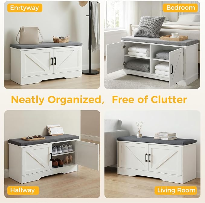 39" Shoe Bench, with Storage with Padded Seat Cushion, Modern 4-Door Shoe Cabinet with Adjustable Shelf for Entryway, Bedroom, Living Room, White