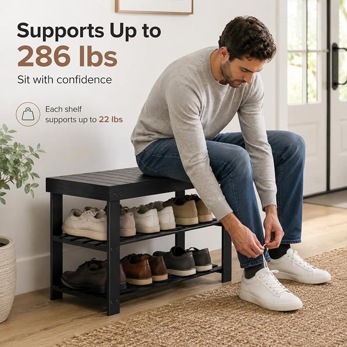 Shoe Rack Bench, 3-Tier Shoe Storage Organizer for Entryway , Shoe Shelf for Small Spaces, Multi-Functional Side Table Plant Stand, Shoe Stand for Bedroom, Living Room, Closet, Front Door, Black