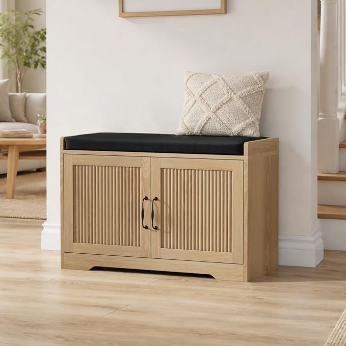 Entryway Shoe Storage Bench with Upholstered Seat, Double Door Cabinet, Adjustable Shelving, Slatted Front, Engineered Wood Organizer for Hallway, Foyer, Mudroom, Bedroom, Walk-In Closet (Oak)