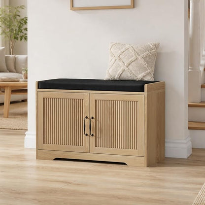 Entryway Shoe Storage Bench with Upholstered Seat, Double Door Cabinet, Adjustable Shelving, Slatted Front, Engineered Wood Organizer for Hallway, Foyer, Mudroom, Bedroom, Walk-In Closet (Oak)