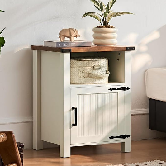 Joaxswe Nightstand with Charger Station and USB Port, 18 Inch Farmhouse Night Stand with Storage Shelf, Modern Couch Side Table with Magnetic Door, Bedside Tables for Bedroom, Home, Antique White