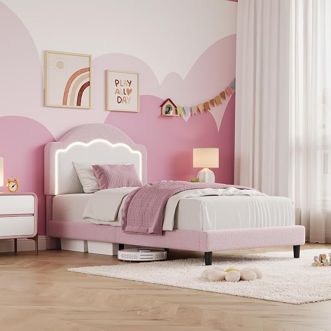 IDEALHOUSE Twin Bed Frame with LED Headboard, Boucle Fabric Upholstered Platform Bed with LED Light for Kids, Girls, Wooden Slats Support, No Box Spring Needed, Pink