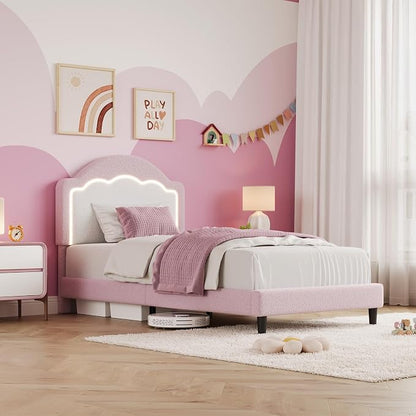 IDEALHOUSE Twin Bed Frame with LED Headboard, Boucle Fabric Upholstered Platform Bed with LED Light for Kids, Girls, Wooden Slats Support, No Box Spring Needed, Pink