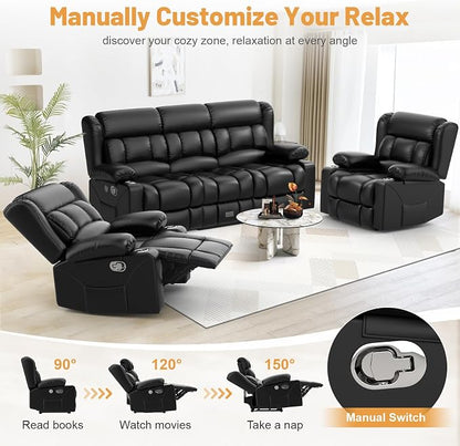 Dresegmt Recliner Sofa Set, Flip Middle Backrest Design PU Leather 3 Seater Reclining Sofa and 2PC Single Recliner Chair, Manual Couches for Living Room (Black, PU 3+1+1)