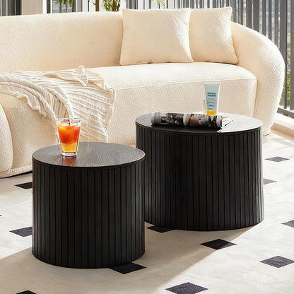 Nesting Coffee Tables Set of 2, Black Round Coffee Tables with Storage, Modern Fluted Circle Coffee Tea Table, Accent Wooden Drum Side End Table for Small Spaces Living Room