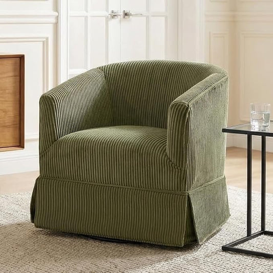 Swivel Accent Chair for Living Room, 360° Upholstered Barrel Swivel Chairs with Skirted Base, Modern Linen Armchairs for Bedroom, Reading Nook, Small Space, Corduroy Green