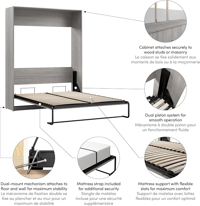Bestar Claremont Queen Size Murphy Bed in Platinum Gray, Space-Saving Sleeping Arrangement for Multipurpose Area, Bedroom, or Guest Room
