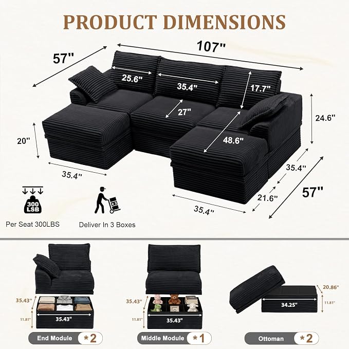 Upgrade Boneless Couch with Storage, Extra Deep&High Seat Modular Sectional Sofa 3 Seater U Shaped Cloud Couch with Ottoman, Tool-Free Assembly Sectional Couches for Living Room