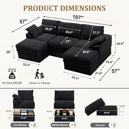Upgrade Boneless Couch with Storage, Extra Deep&High Seat Modular Sectional Sofa 3 Seater U Shaped Cloud Couch with Ottoman, Tool-Free Assembly Sectional Couches for Living Room