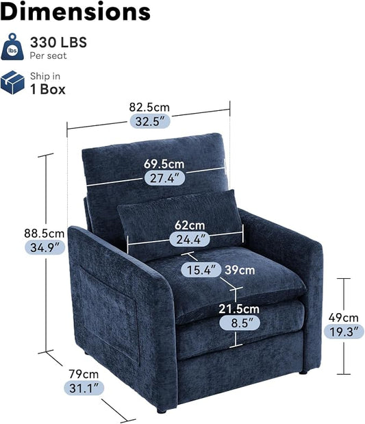 Iroomy Modern Accent Armchair – Cloud-Like Single Sofa with Pocket Spring Seat, Soft Chenille Fabric, Removable Cover, Cozy Lumbar Support for Living Room, Bedroom, Apartment, Blue