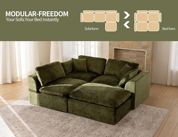 115" Modular Sectional Sofa – Modern Cloud Couch with Deep Chenille Seats,L-Shape Boneless Couch for Living Room, No Assembly, Olive Green (3 Seater + 1 Ottoman)