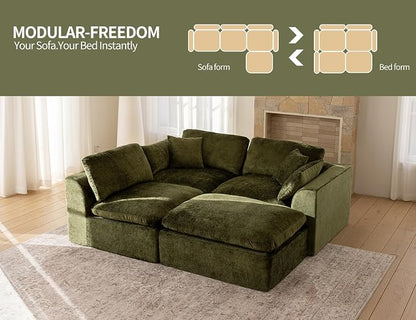 115" Modular Sectional Sofa – Modern Cloud Couch with Deep Chenille Seats,L-Shape Boneless Couch for Living Room, No Assembly, Olive Green (3 Seater + 1 Ottoman)